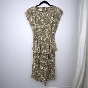 VTG Joni Blair Vintage Peplum Dress Woman Size 5 Leaf Print‎ Ruched Waist Midi